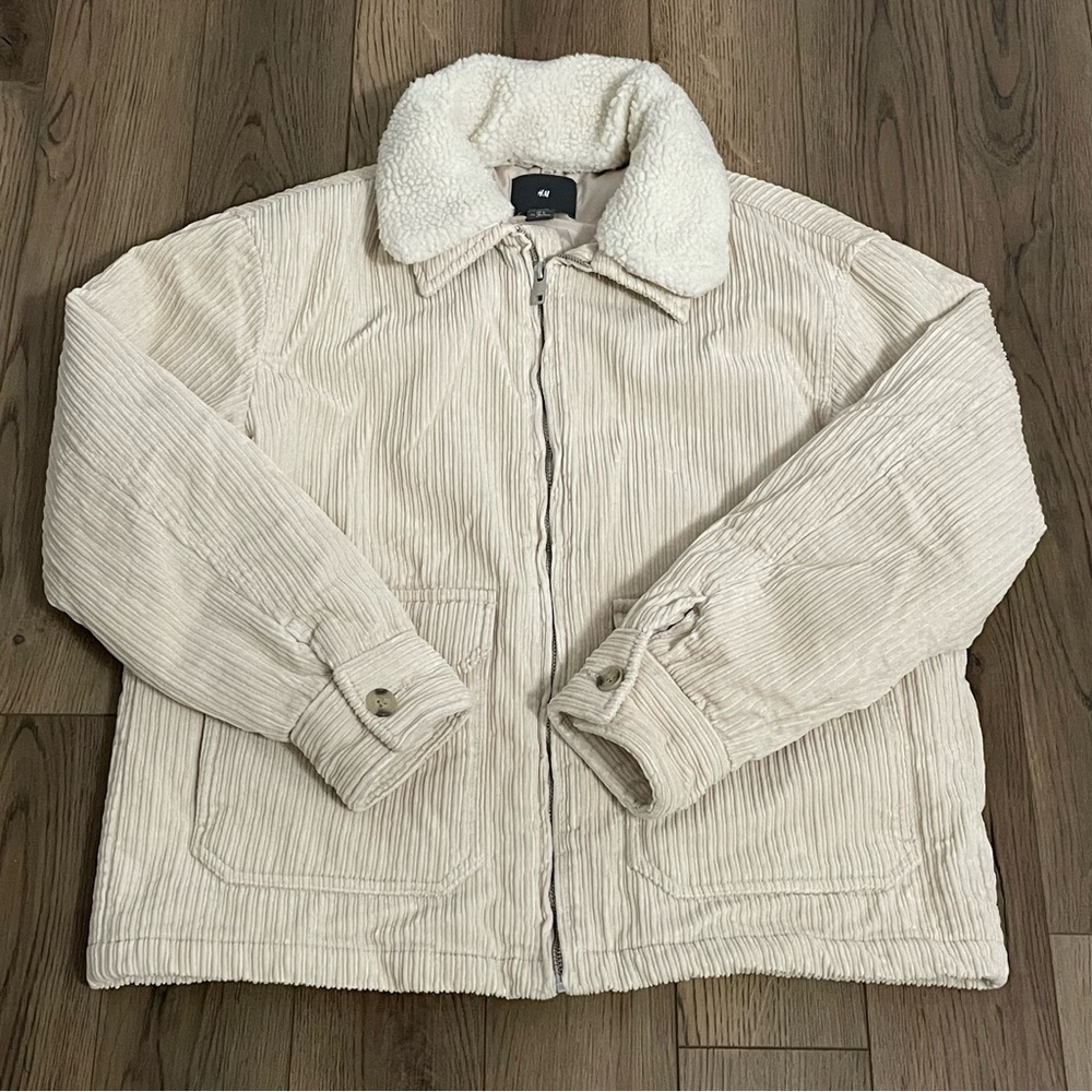 H&M Corduroy Cream Puff Bomber Jacket Removable Collar - Picture 1 of 11